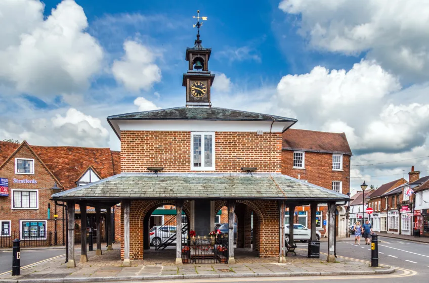 The red-brick Market House and its open arcade in the centre of Princes Risborough.