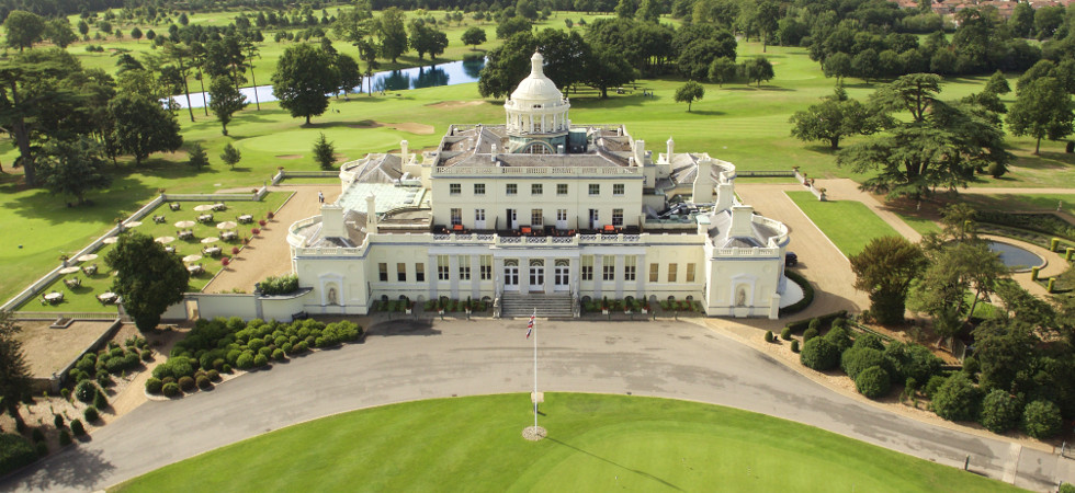 Aerial view of the Georgian mansion at Stoke Park, Stoke Poges, with the golf course laid out around it.