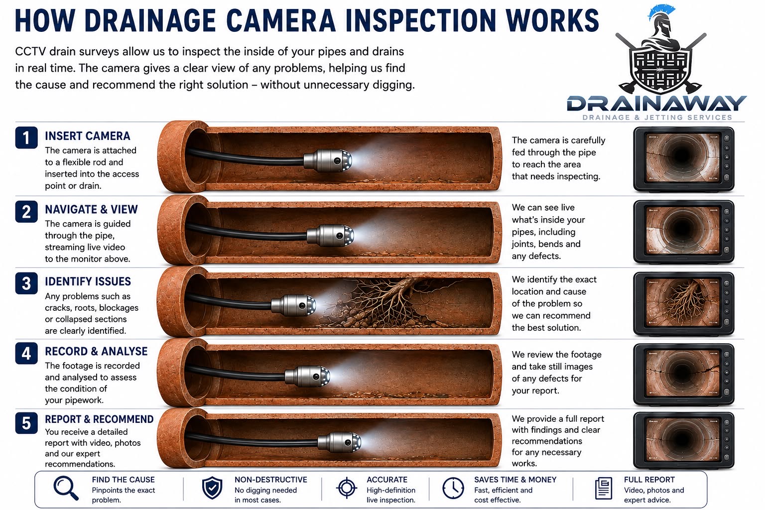 Five-stage diagram of a CCTV drain survey: camera inserted, guided through the pipe streaming live video, defects such as cracks and roots identified, footage recorded and analysed, then a full report issued.