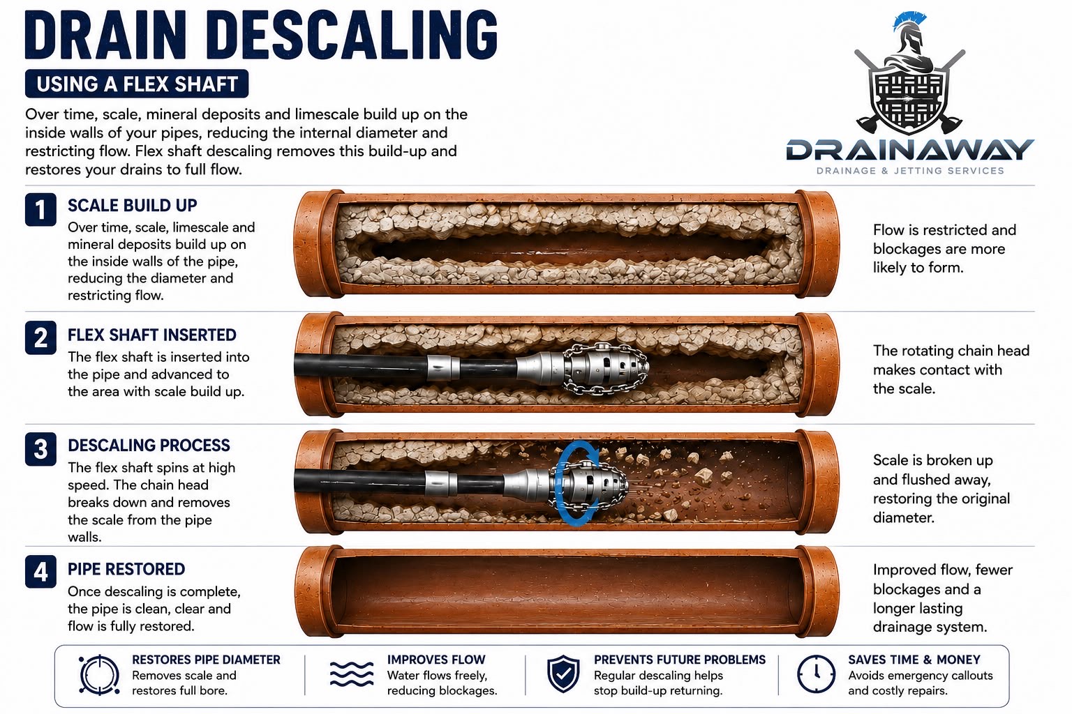 Four-stage cutaway showing heavy scale narrowing a pipe, a flex shaft chain head inserted, the scale broken up and flushed away, and the pipe restored to full diameter.