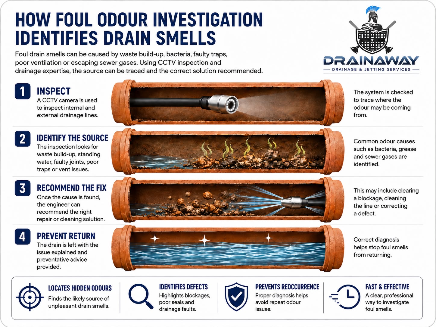 Four-stage diagram of a foul odour investigation: a CCTV camera inspects the internal and external drainage lines, the source is identified as waste build-up, standing water and sewer gases, jetting clears and cleans the line, and the drain is left running clear with the cause explained.