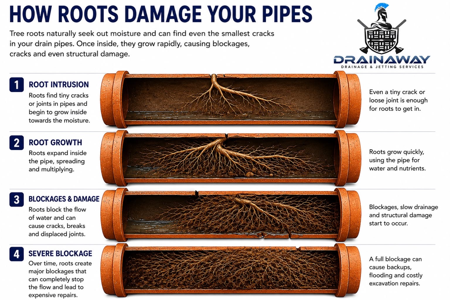 Four-stage cutaway showing tree roots entering a pipe through a crack, spreading inside, causing blockages and structural damage, then filling the pipe completely.