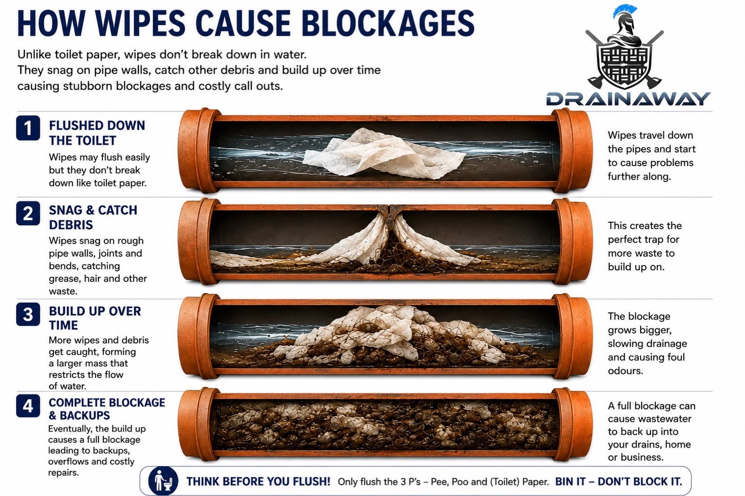 Four-stage cutaway showing a flushed wipe travelling down a pipe, snagging on the pipe wall, building into a larger mass with other debris, then causing a complete blockage and backup.