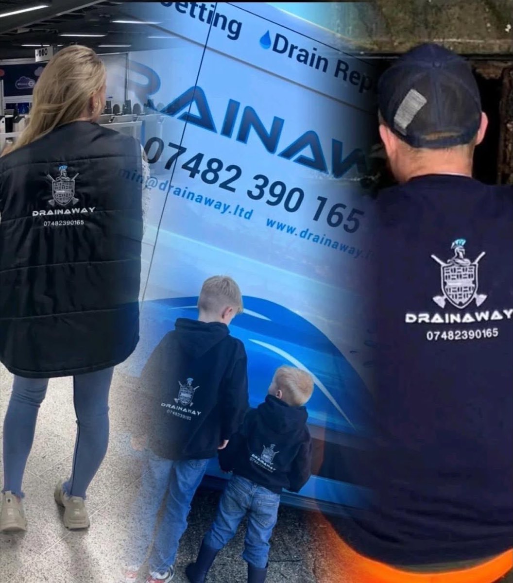 The family behind DrainAway, two adults and two children in branded workwear, beside a liveried DrainAway van