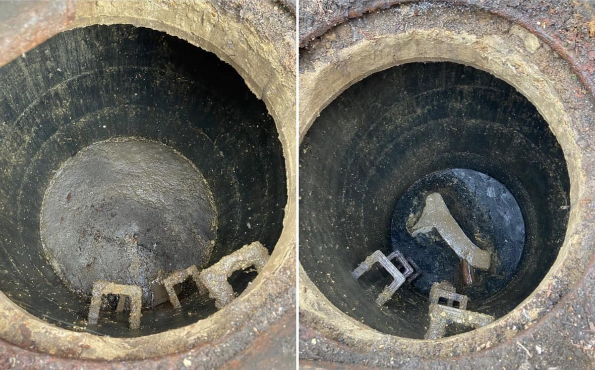 A deep chamber silted up to the step irons, then cleaned out with the benching and cover below it visible again
