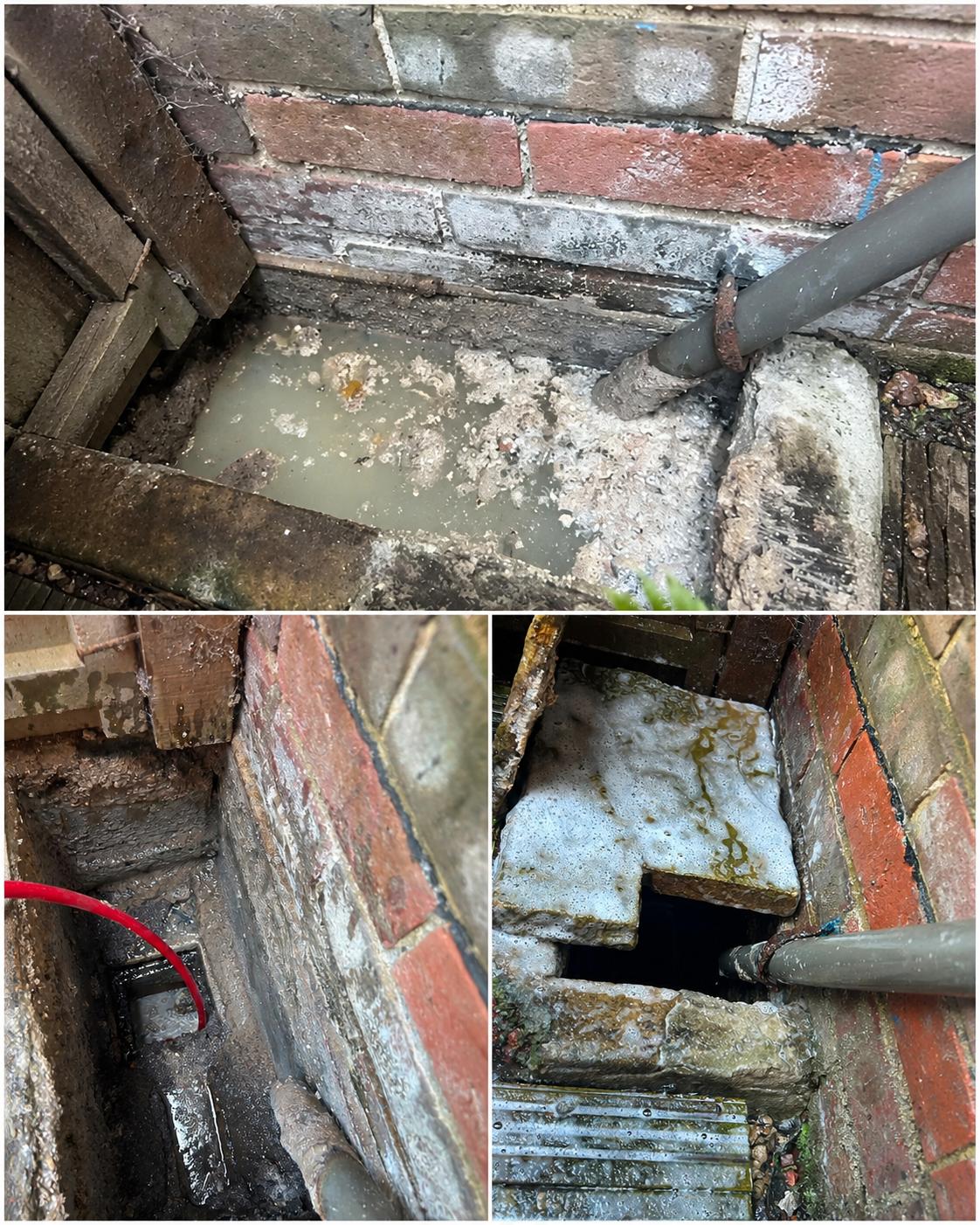 A blocked brick drain chamber standing full of water, then jetted and running clear