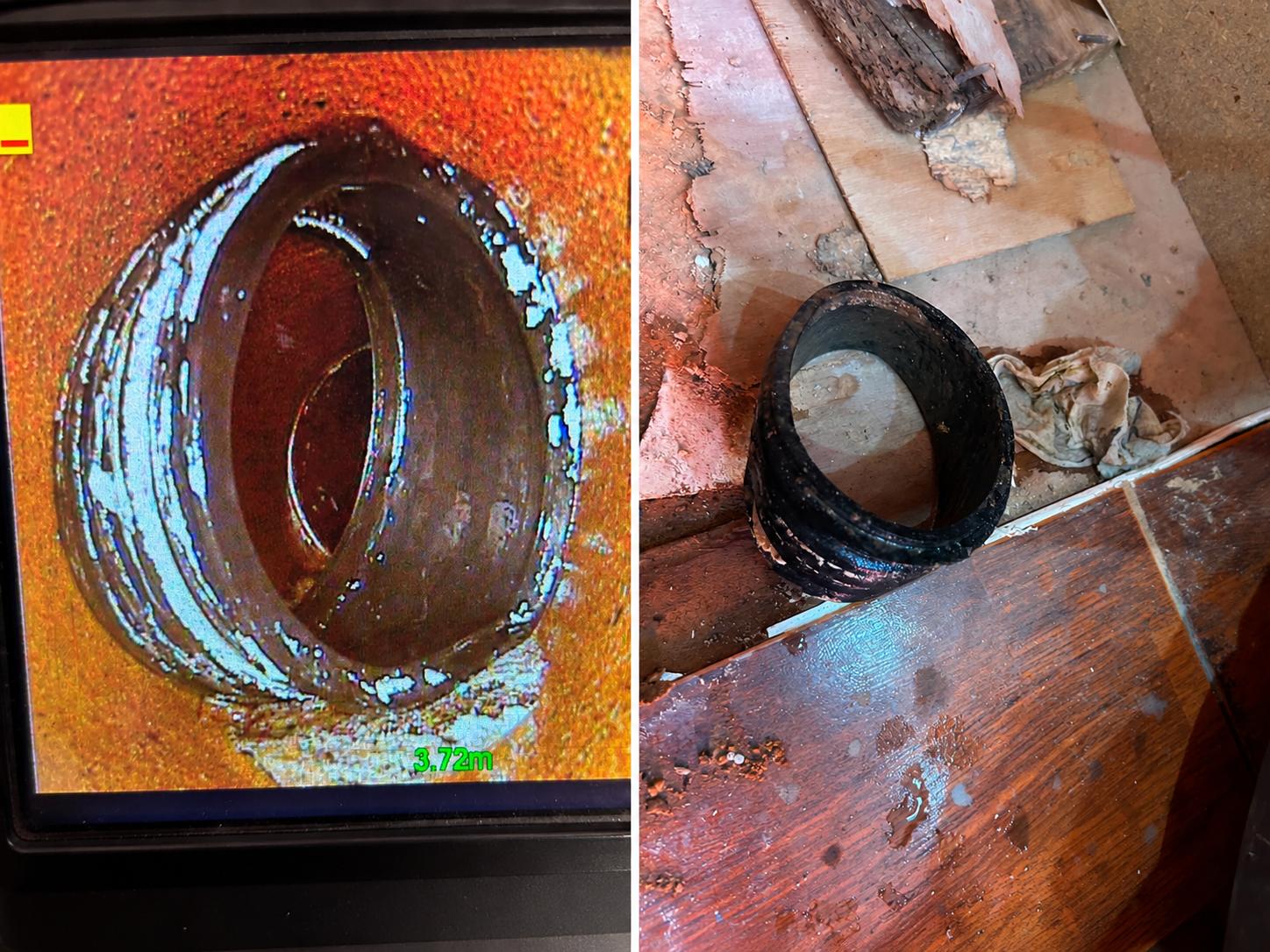 A CCTV survey screen showing a damaged pipe joint, beside the section of pipe lifted out of the run