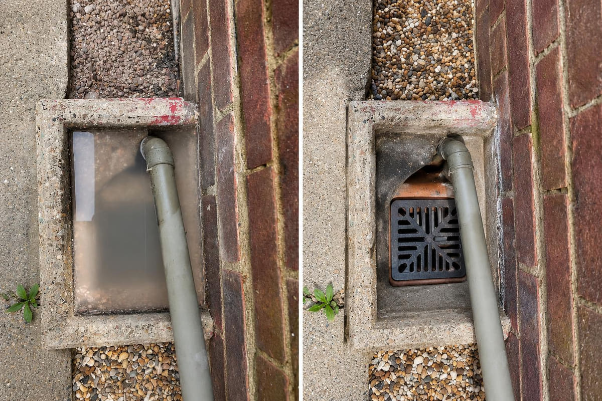An outside gully beside a downpipe brimmed full of standing water, then cleared with the grate and clay pot visible again