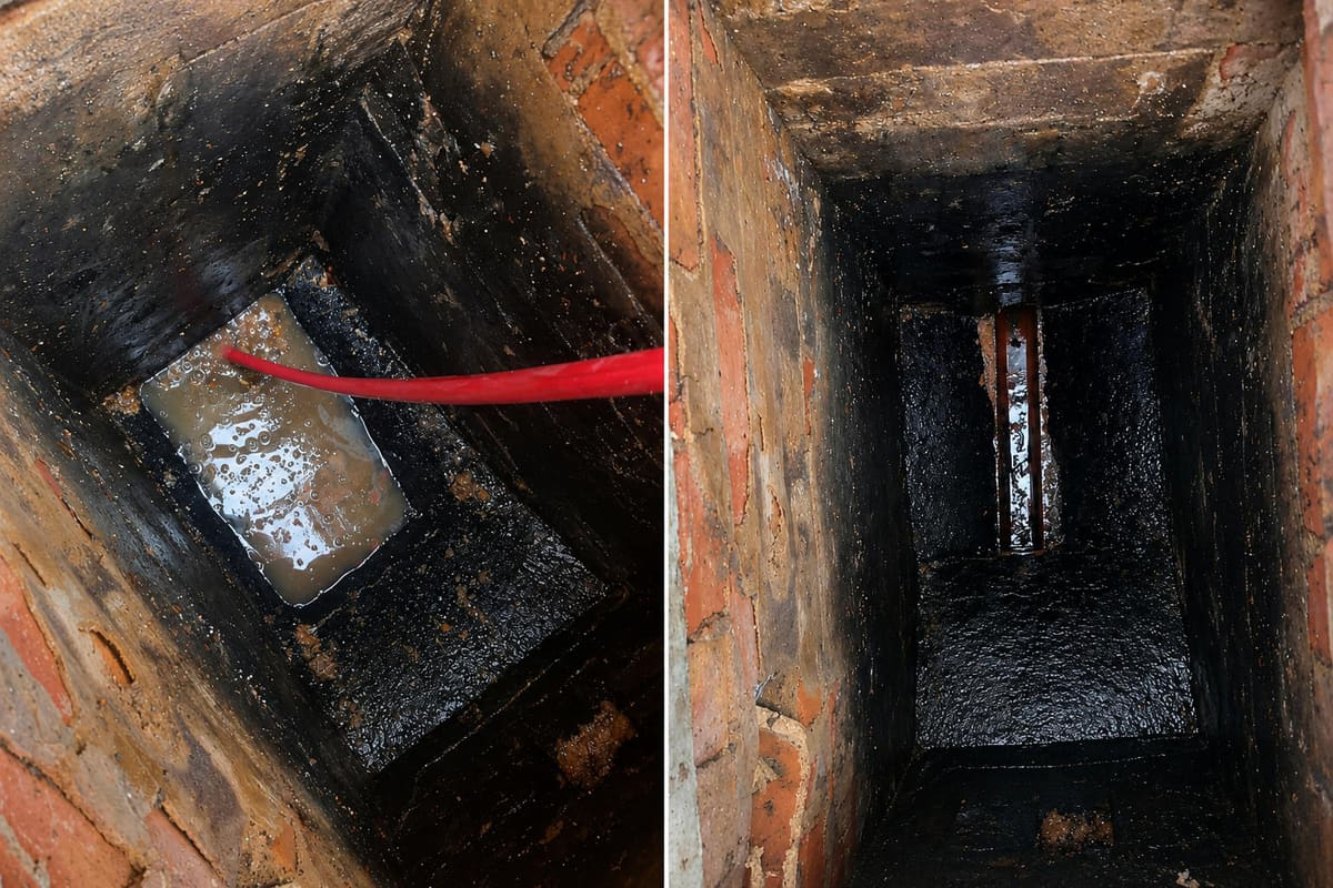 A brick chamber with a jetting hose fed into dirty standing water in the channel, then jetted clean and running clear