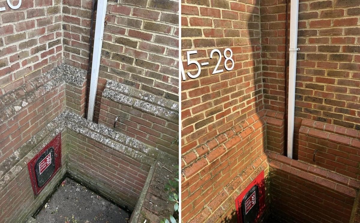 A brick lightwell streaked with white deposits and moss around the downpipe, then washed down back to clean brickwork
