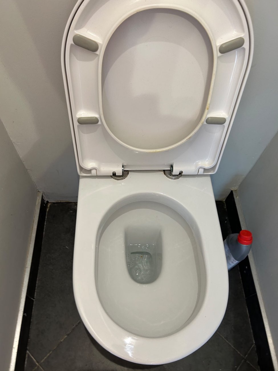 The same toilet clean, with clear water at the normal level in the pan.