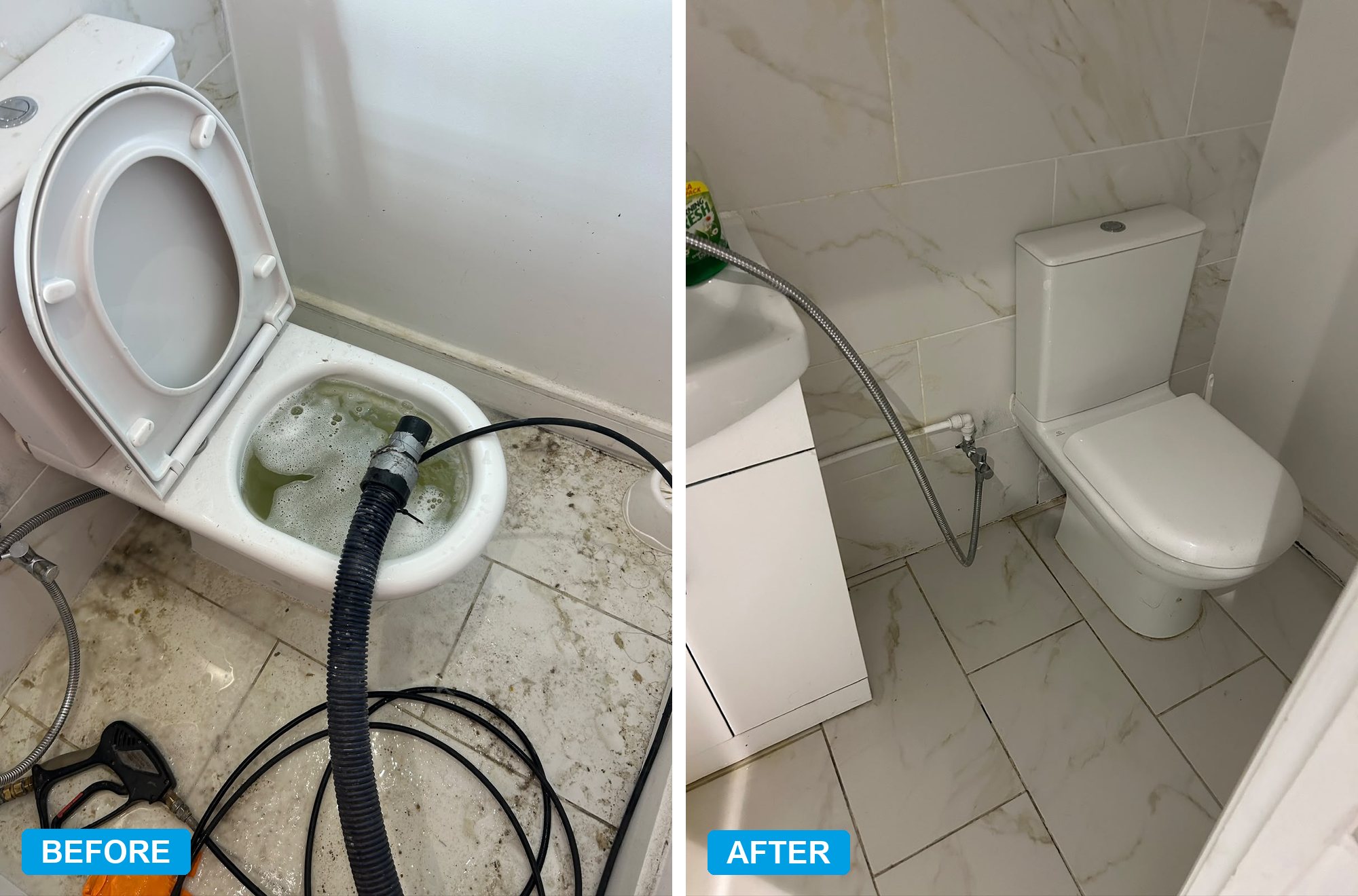 Before and after of a blocked toilet: the pan holding green foaming water with a jetting hose fed into it and the floor covered in debris, then the same cubicle with the lid down, the pan clear and the floor clean.